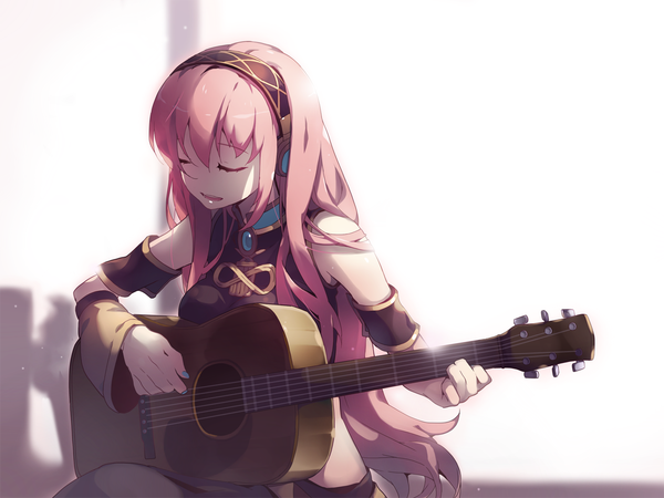 Anime picture 1280x960 with vocaloid megurine luka btoor long hair white background pink hair eyes closed nail polish girl hairband headphones musical instrument guitar