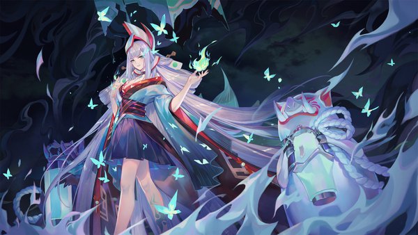 Anime picture 2666x1500 with onmyoji aoandon criin single looking at viewer fringe highres wide image green eyes payot silver hair blunt bangs very long hair lipstick blue lipstick girl hair ornament insect butterfly
