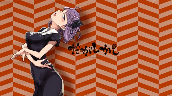 Anime picture 1820x1024 with dagashi kashi feel (studio) shidare hotaru tagme (artist) single looking at viewer blush fringe highres short hair breasts open mouth blue eyes wide image purple hair hair flower inscription striped background girl dress