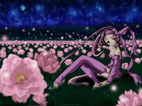 Anime picture 2048x1536 with itou noiji long hair looking at viewer highres red eyes bare shoulders purple hair field girl thighhighs dress flower (flowers) bow hair bow garter straps star (stars)