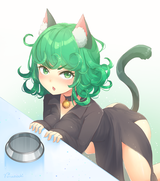 Anime picture 1000x1133 with one-punch man madhouse tatsumaki runamochi single tall image looking at viewer blush short hair breasts open mouth light erotic simple background green eyes signed animal ears ass tail animal tail green hair