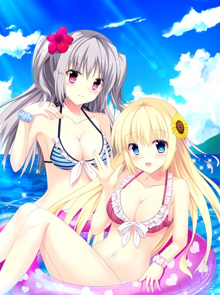 Anime picture 1161x1550 with original suzuki anri long hair tall image looking at viewer blush fringe breasts open mouth blue eyes light erotic blonde hair smile hair between eyes bare shoulders multiple girls payot sky cleavage cloud (clouds)
