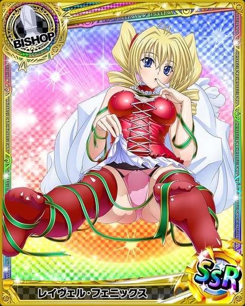 Anime picture 640x800 with highschool dxd ravel phenex single long hair tall image looking at viewer blush blue eyes light erotic blonde hair twintails drill hair finger to mouth christmas skirt lift card (medium) girl thighhighs skirt underwear