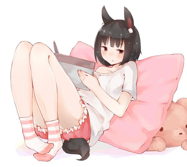Anime picture 1038x928 with original rima (rimarip) single looking at viewer blush short hair black hair red eyes white background animal ears bent knee (knees) tail animal tail embarrassed fox ears shiny skin fox tail flat chest reclining girl