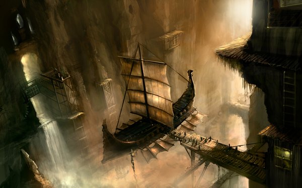 Anime picture 1600x1000 with original srulik24 blog quiver (artist) wide image fantasy fog aircraft airship
