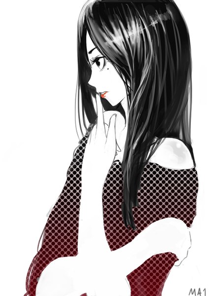Anime picture 1000x1390 with tagme (copyright) hirokima single long hair tall image black hair simple background white background bare shoulders signed looking away parted lips profile mole mole under eye finger to mouth white skin girl