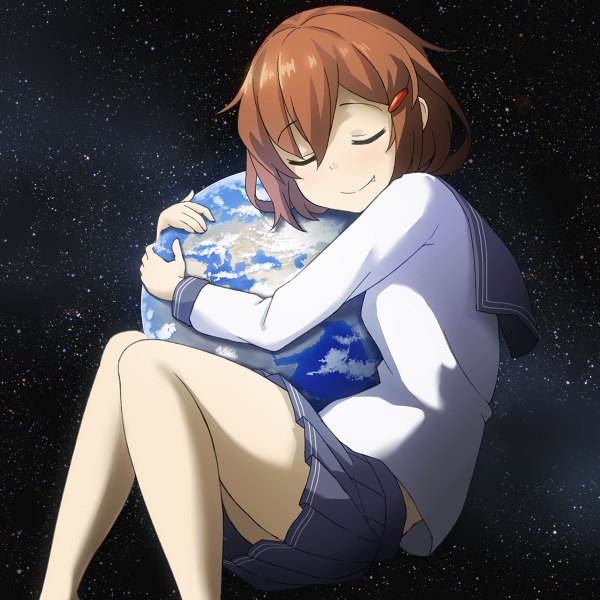Anime picture 1200x1200 with kantai collection ikazuchi destroyer kuro oolong single fringe short hair smile brown hair bent knee (knees) eyes closed pleated skirt teeth bare legs fang (fangs) hug space giant girl skirt uniform