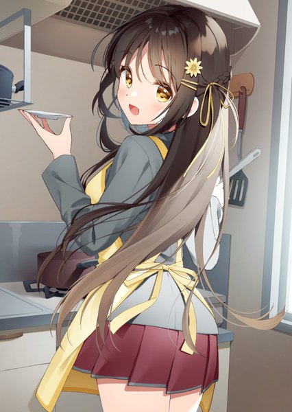 Anime picture 725x1021 with original muninshiki single long hair tall image looking at viewer blush fringe open mouth smile brown hair standing holding yellow eyes payot indoors braid (braids) long sleeves :d pleated skirt