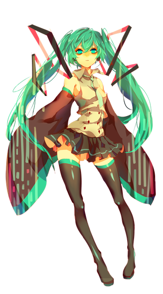Anime picture 2600x4700 with vocaloid hatsune miku yelsh single long hair tall image looking at viewer fringe highres standing twintails bare shoulders full body long sleeves pleated skirt aqua eyes aqua hair wide sleeves transparent background girl