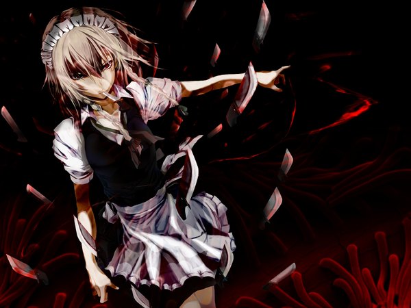 Anime picture 1600x1200 with touhou izayoi sakuya red eyes twintails grey hair maid girl thighhighs skirt weapon blood apron knife