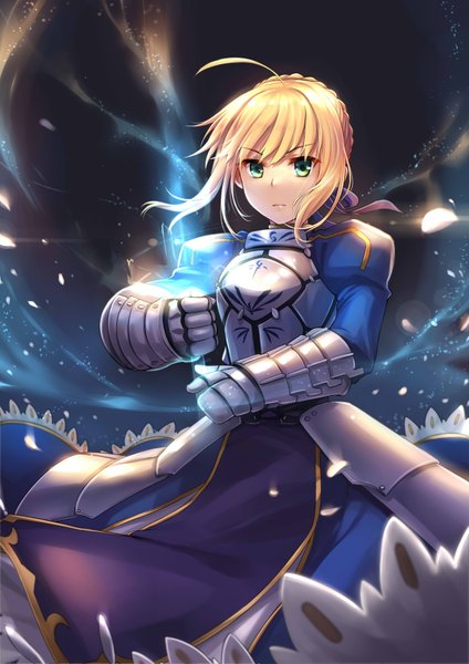 Anime picture 2480x3507 with fate (series) fate/stay night type-moon artoria pendragon (all) saber ks single long hair tall image looking at viewer highres blonde hair green eyes ahoge braid (braids) wind night magic girl ribbon (ribbons)