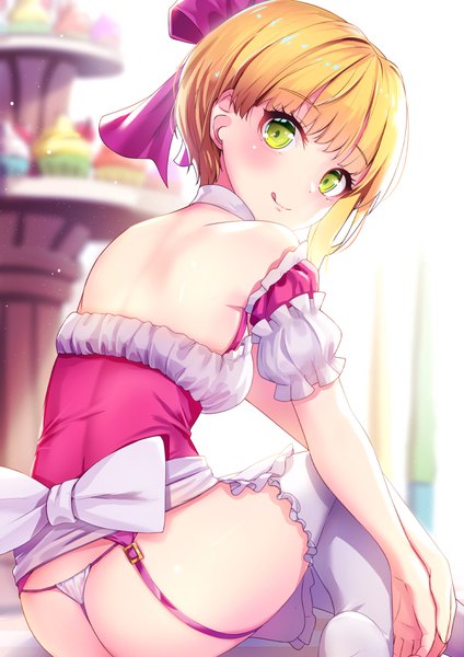 Anime picture 744x1052 with idolmaster idolmaster cinderella girls miyamoto frederica yan (nicknikg) single tall image looking at viewer blush fringe short hair breasts light erotic blonde hair sitting green eyes ass blunt bangs looking back from behind blurry