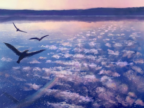Anime picture 1600x1200 with original koocha hikari sky cloud (clouds) sunlight reflection flying no people shooting star animal water bird (birds) star (stars) rainbow
