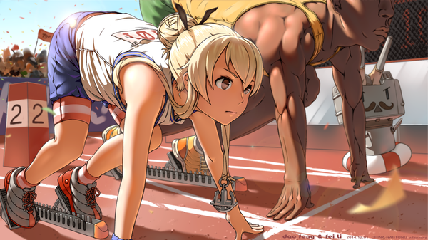 Anime picture 1920x1080 with kantai collection real life shimakaze destroyer rensouhou-chan usain bolt yan wan long hair fringe highres blonde hair wide image brown eyes bent knee (knees) sunlight hair bun (hair buns) alternate costume alternate hairstyle muscle serious crossover