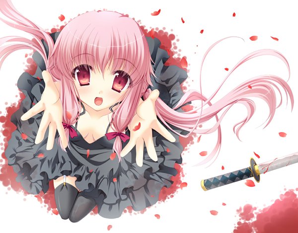 Anime picture 1000x783 with mirai nikki gasai yuno suihi single long hair looking at viewer open mouth red eyes pink hair girl thighhighs dress bow weapon black thighhighs hair bow petals sword katana blood