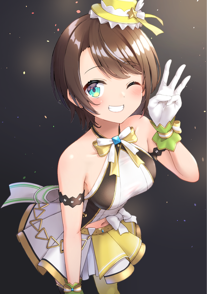 Anime picture 1417x2006 with virtual youtuber hololive oozora subaru faubynet single tall image looking at viewer blush short hair smile brown hair one eye closed aqua eyes from above wink sleeveless grin official alternate costume hololive idol uniform girl
