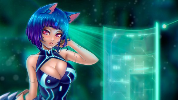 Anime picture 1920x1080 with olga narhova single looking at viewer blush fringe highres short hair breasts light erotic wide image large breasts animal ears blue hair cleavage upper body nail polish pink eyes fingernails cat ears realistic