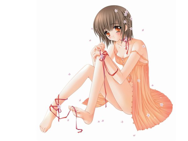 Anime picture 1600x1200 with carnelian single looking at viewer blush fringe highres short hair brown hair sitting bare shoulders payot full body bent knee (knees) head tilt barefoot hair flower inscription orange eyes soles hand on knee