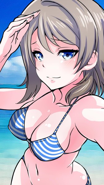 Anime picture 1080x1920 with love live! sunshine!! sunrise (studio) love live! watanabe you kurihara kenshiro single tall image looking at viewer blush fringe short hair breasts blue eyes light erotic brown hair large breasts sky cloud (clouds) light smile sideboob
