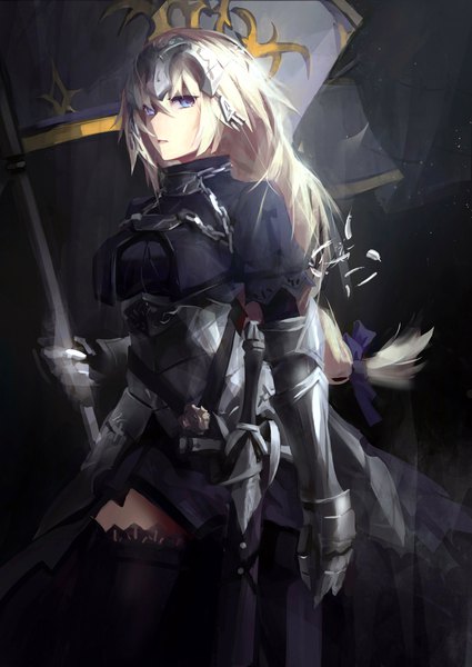 Anime picture 2674x3779 with fate (series) fate/grand order fate/apocrypha jeanne d'arc (fate) (all) jeanne d'arc (fate) cell (acorecell) single long hair tall image looking at viewer fringe highres breasts blue eyes blonde hair simple background hair between eyes standing holding parted lips