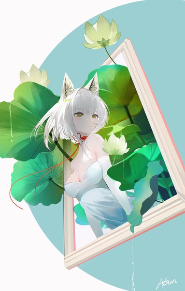 Anime picture 1340x2100 with arknights kal'tsit (arknights) omone hokoma agm single tall image short hair breasts light erotic green eyes animal ears looking away cleavage white hair girl dress flower (flowers) white dress strapless dress picture frame water lily