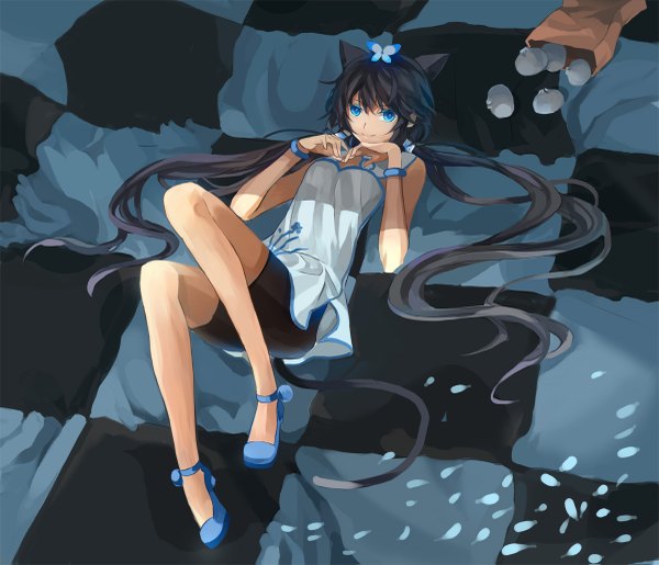 Anime picture 1200x1031 with vocaloid vocaloid china world is mine (vocaloid) luo tianyi hoshigarasu (artist) single blue eyes black hair smile twintails bare shoulders animal ears tail lying very long hair traditional clothes legs checkered floor girl bracelet