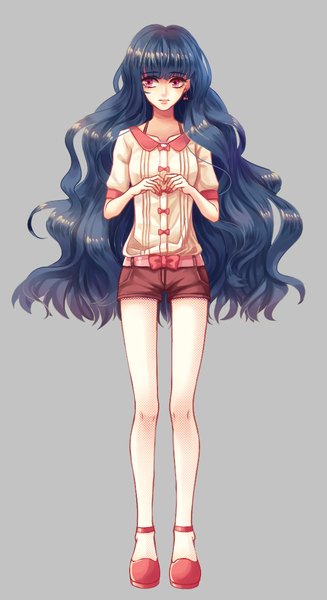 Anime picture 600x1100 with original yuari kim single long hair tall image fringe simple background standing blue hair looking away full body nail polish pink eyes grey background fingers together girl bow earrings pantyhose shorts