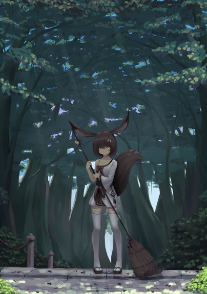 Anime picture 900x1272 with original sonikey0 0 single tall image looking at viewer short hair black hair animal ears yellow eyes tail animal tail girl thighhighs plant (plants) white thighhighs tree (trees) leaf (leaves) broom