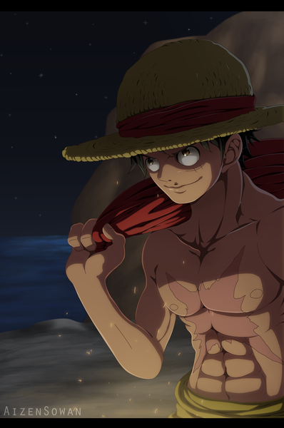 Anime picture 1500x2262 with one piece toei animation monkey d. luffy aizen sowan single tall image short hair black hair smile standing holding brown eyes signed looking away upper body night night sky coloring topless shaded face