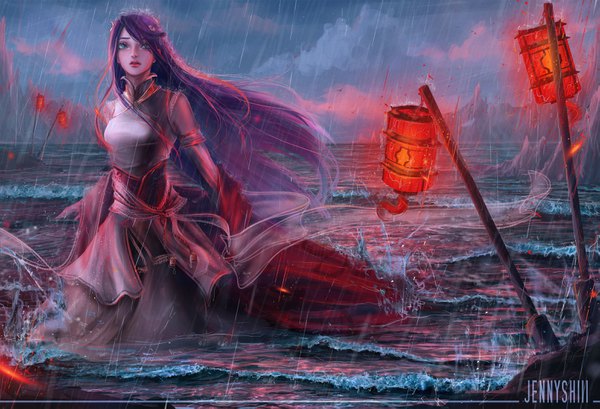 Anime picture 3149x2150 with original jennyshiii single long hair highres blue eyes standing signed looking away absurdres purple hair cloud (clouds) traditional clothes wet lipstick chinese clothes rain horizon mountain red lipstick