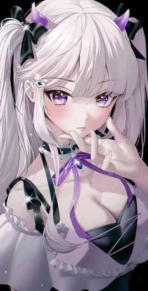 Anime picture 1045x2048 with original dalla (888 dalae) long hair tall image looking at viewer blush fringe breasts simple background large breasts purple eyes cleavage silver hair blunt bangs horn (horns) sparkle two side up piercing black background ear piercing