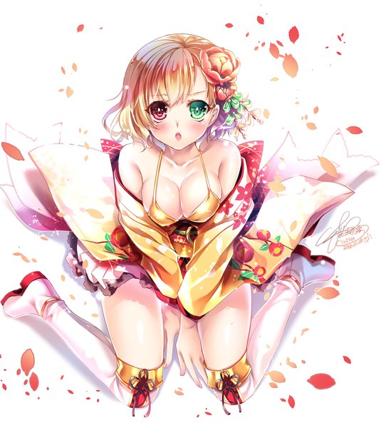 Anime picture 929x1042 with original sakurano tsuyu single tall image looking at viewer blush short hair breasts open mouth light erotic brown hair white background cleavage traditional clothes japanese clothes heterochromia girl petals boots lingerie