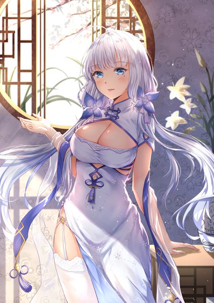 Anime picture 930x1316 with azur lane illustrious (azur lane) illustrious (maiden lily's radiance) (azur lane) chahei single long hair tall image looking at viewer blush fringe breasts open mouth blue eyes light erotic large breasts standing twintails cleavage silver hair ahoge