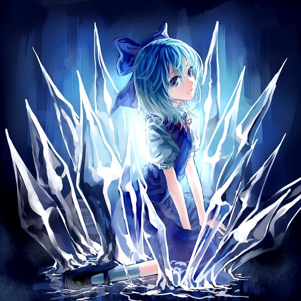 Anime picture 1500x1503 with touhou cirno uu uu zan single tall image looking at viewer short hair blue eyes sitting blue hair girl dress bow hair bow ice