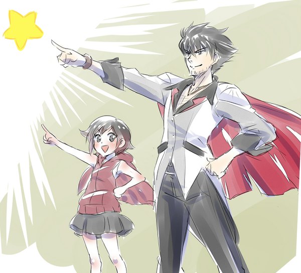 Anime picture 1280x1162 with rwby rooster teeth ruby rose qrow branwen iesupa short hair open mouth black hair silver hair :d grey eyes hand on hip outstretched arm pointing alternate age younger girl boy skirt star (symbol)