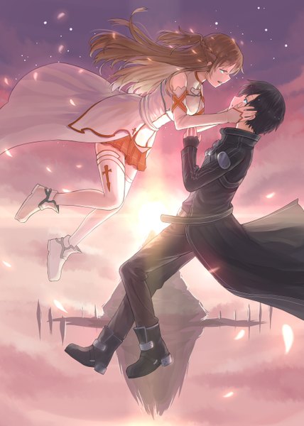 Anime picture 2000x2800 with sword art online a-1 pictures yuuki asuna kirigaya kazuto tony zhazha long hair tall image highres short hair open mouth black hair brown hair brown eyes couple evening sunset girl thighhighs boy detached sleeves