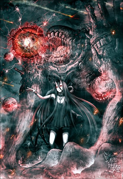 Anime picture 702x1017 with kantai collection battleship-symbiotic hime floating fortress kei-suwabe single long hair tall image hair between eyes red eyes very long hair horn (horns) teeth saliva oni horns white skin lightning shinkaisei-kan storm girl dress