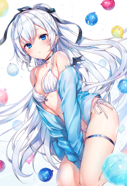 Anime picture 1037x1526 with original komeshiro kasu single long hair tall image looking at viewer blush fringe breasts blue eyes light erotic simple background hair between eyes bare shoulders payot cleavage silver hair bent knee (knees) ponytail pointy ears