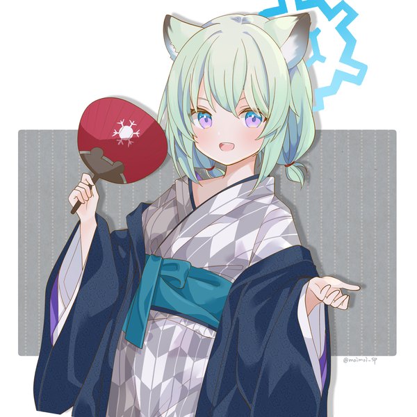 Anime picture 3000x3000 with blue archive shigure (blue archive) shigure (hot spring) (blue archive) saekiya sabou single looking at viewer fringe highres short hair open mouth hair between eyes purple eyes twintails signed animal ears traditional clothes :d japanese clothes green hair twitter username