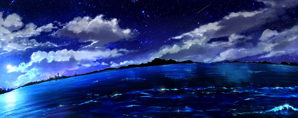 Anime picture 1850x738 with original rin-shiba highres wide image sky cloud (clouds) night mountain no people landscape water sea moon star (stars)