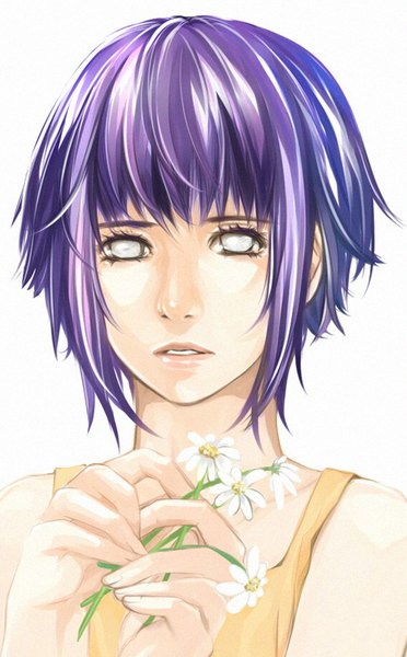 Anime picture 600x967 with naruto studio pierrot naruto (series) hyuuga hinata marimari999 single tall image fringe short hair simple background white background bare shoulders holding purple hair parted lips portrait white eyes girl flower (flowers) chamomile