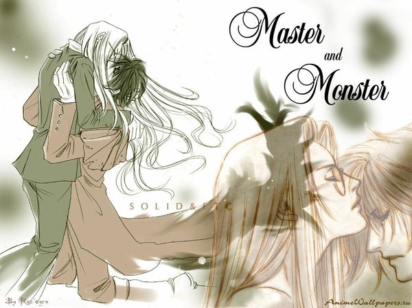 Anime picture 1051x788 with hellsing alucard (hellsing) integra wingates hellsing solid&etc long hair short hair black hair simple background blonde hair white hair eyes closed inscription couple hug kneeling kiss forehead kiss girl boy glasses