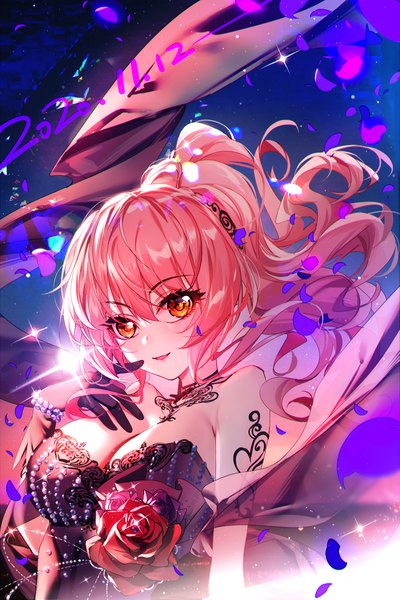 Anime picture 1589x2382 with idolmaster idolmaster cinderella girls jougasaki mika baocaizi single long hair tall image looking at viewer blush fringe breasts open mouth light erotic smile hair between eyes large breasts bare shoulders brown eyes pink hair cleavage