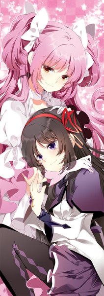 Anime picture 354x1000 with mahou shoujo madoka magica shaft (studio) akemi homura kaname madoka roh nam kyung long hair tall image blush black hair smile purple eyes twintails multiple girls brown eyes pink hair pleated skirt hug girl dress skirt