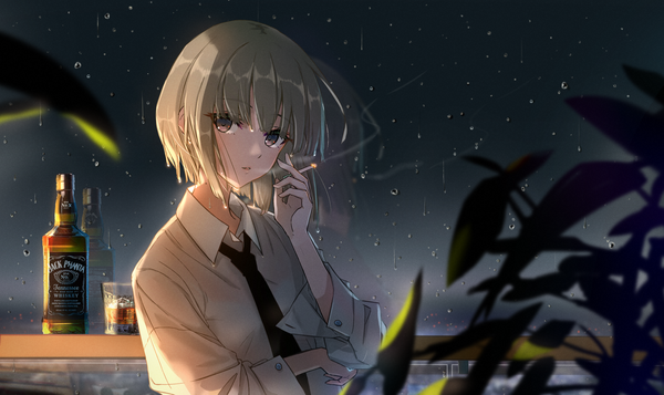 Anime picture 1814x1080 with original jack daniel's phantania single looking at viewer blush fringe highres short hair open mouth brown hair wide image brown eyes upper body blunt bangs blurry night wet night sky smoke