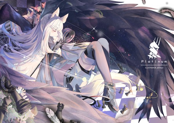 Anime picture 1316x931 with arknights platinum (arknights) hibari hina single long hair blush signed animal ears payot full body bent knee (knees) white hair tail eyes closed animal tail profile character names twitter username floating hair reclining