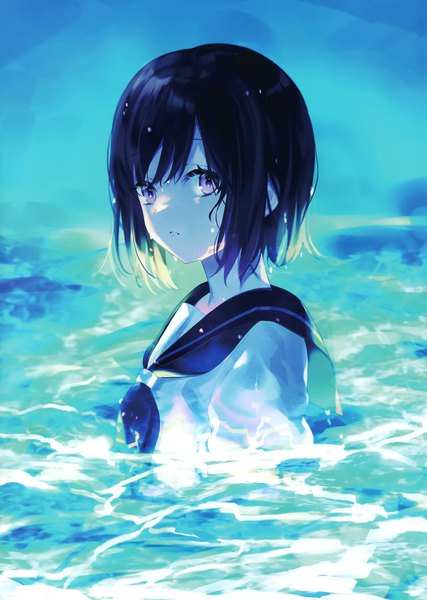 Anime picture 2111x2964 with original achiki single tall image looking at viewer fringe highres short hair black hair purple eyes upper body parted lips scan wet partially submerged girl uniform water serafuku neckerchief
