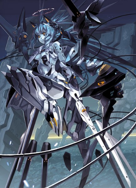 Anime picture 744x1028 with original damin (won) long hair tall image blue hair orange eyes face paint weightlessness mechanical mecha musume bodypaint girl halo wire (wires) robot mecha android