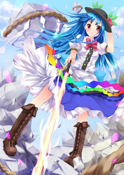 Anime picture 1061x1500 with touhou hinanawi tenshi nironiro single long hair tall image red eyes blue hair girl dress weapon hat boots rope
