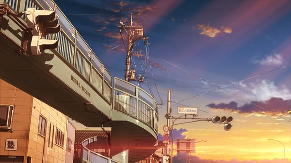 Anime picture 1920x1080 with original isai shizuka highres wide image sky cloud (clouds) sunlight city evening sunset landscape power lines lamppost traffic sign traffic lights sign telephone pole
